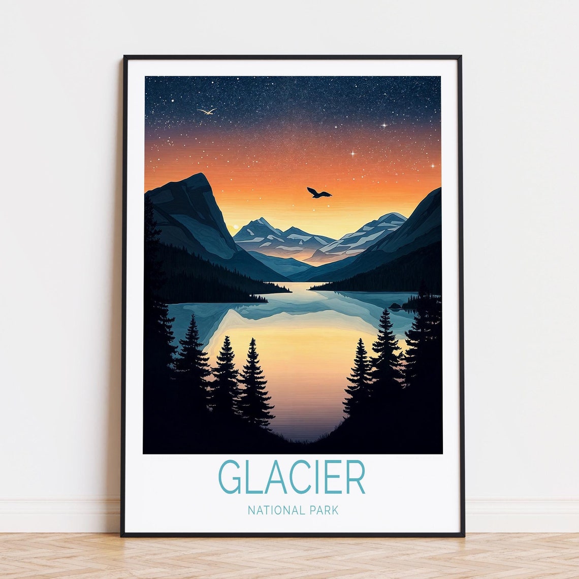 Glacier National Park Night Sky Lake Reflection in White Border Poster