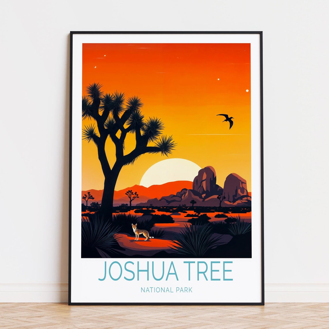 Joshua Tree National Park Desert Sunset With Coyote Silhouette Poster