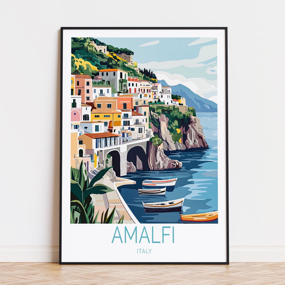 Amalfi Italy Cliffside Village Arched Stone Bridge Boats Poster