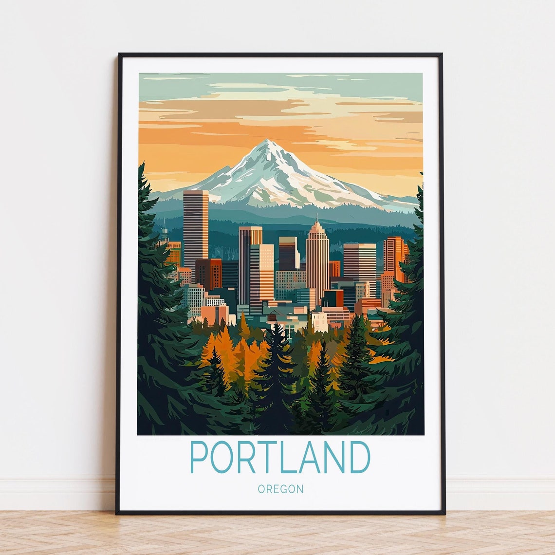 Portland Oregon Downtown Skyline With Mount Hood at Sunset Poster