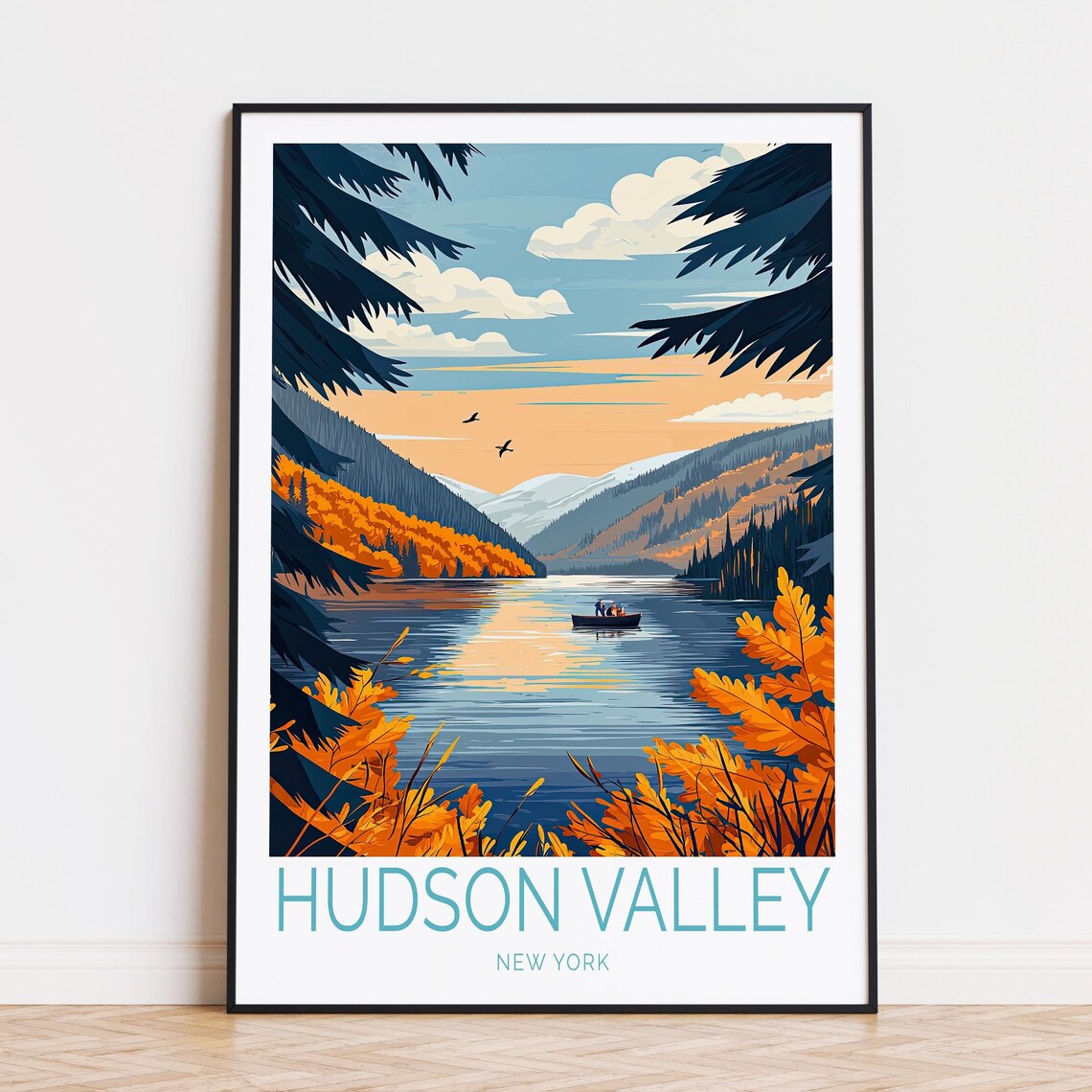 Hudson Valley New York Autumn Lake With Rowboat Travel Poster