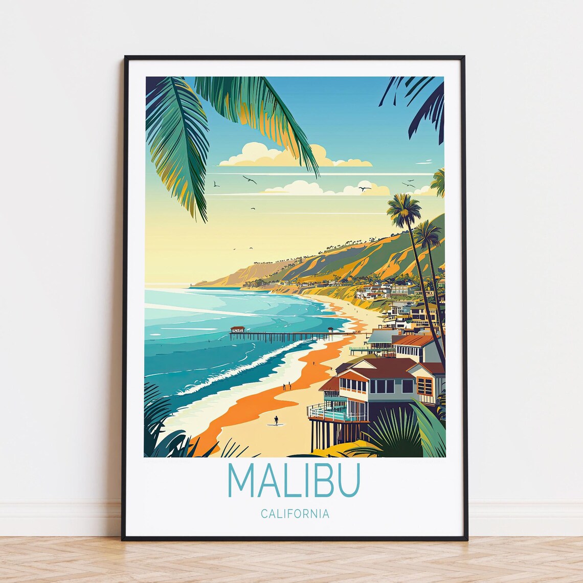 Malibu California Beach With Pier and Palm Trees Coastal Travel Poster
