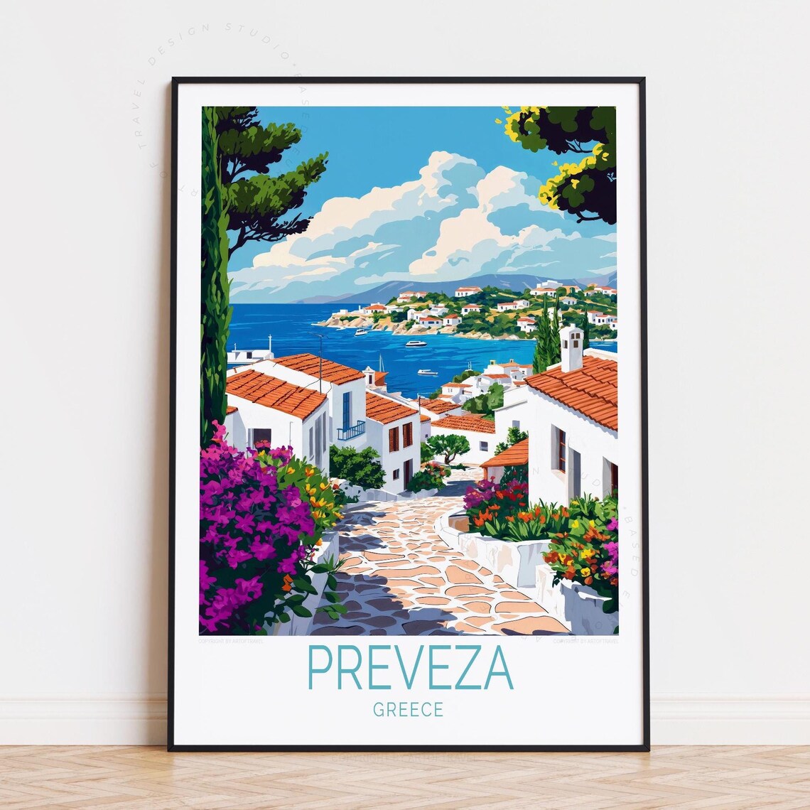 Preveza Greece White Village Flowers Stone Road Bay View Travel Poster