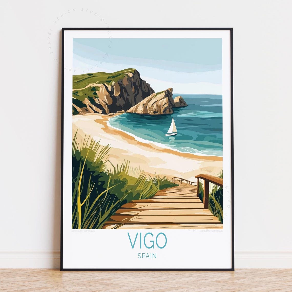 Vigo Spain Turquoise Cliffside Beach Boardwalk Sailboat Poster