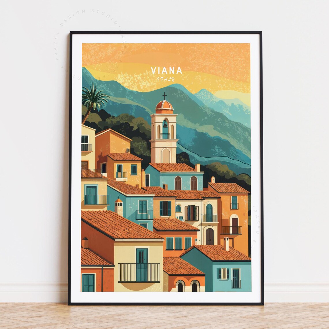 Viana Italy Colorful Old Town Church Tower Mountain Travel Poster