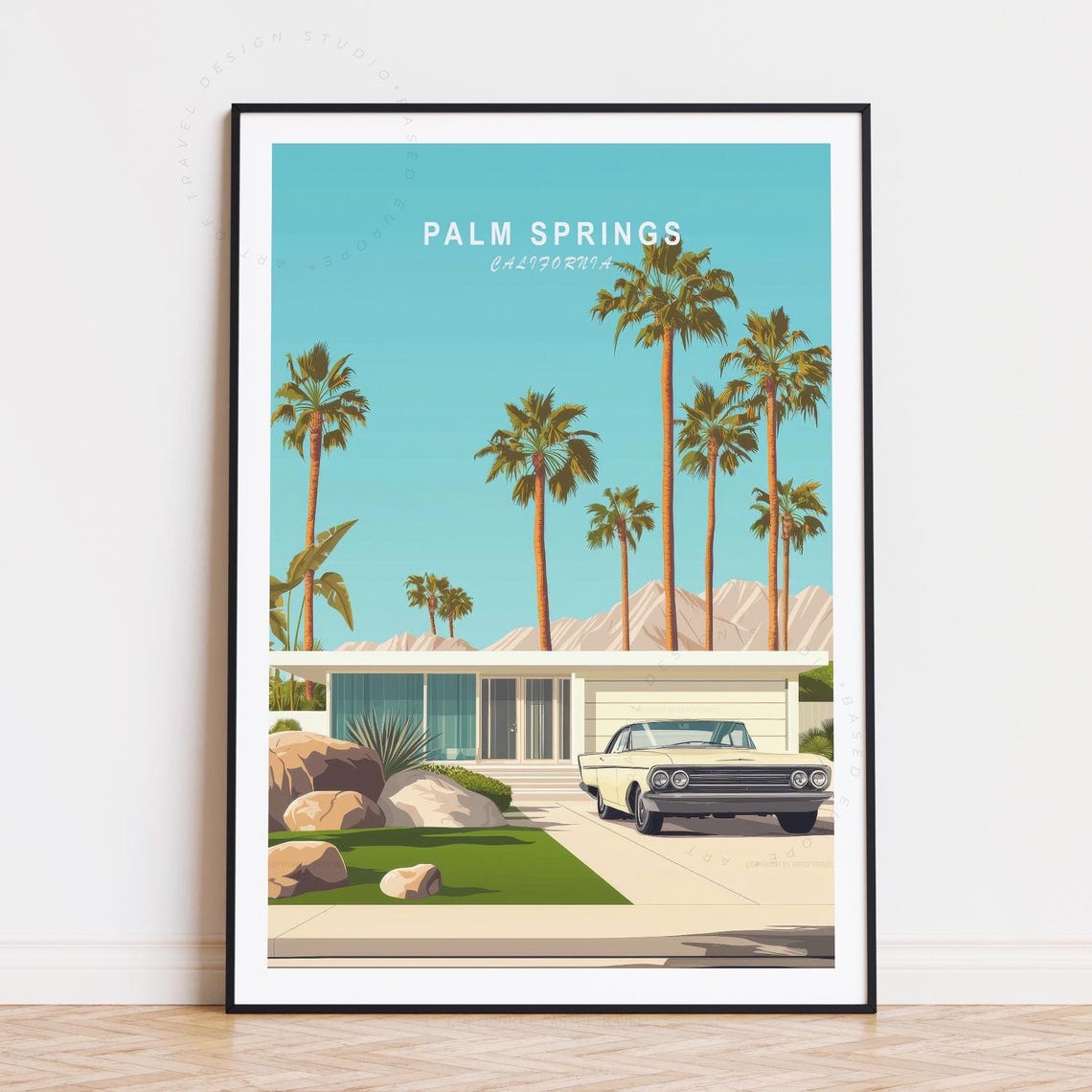 Palm Springs California Modernist Home Vintage Car Palms Art Poster