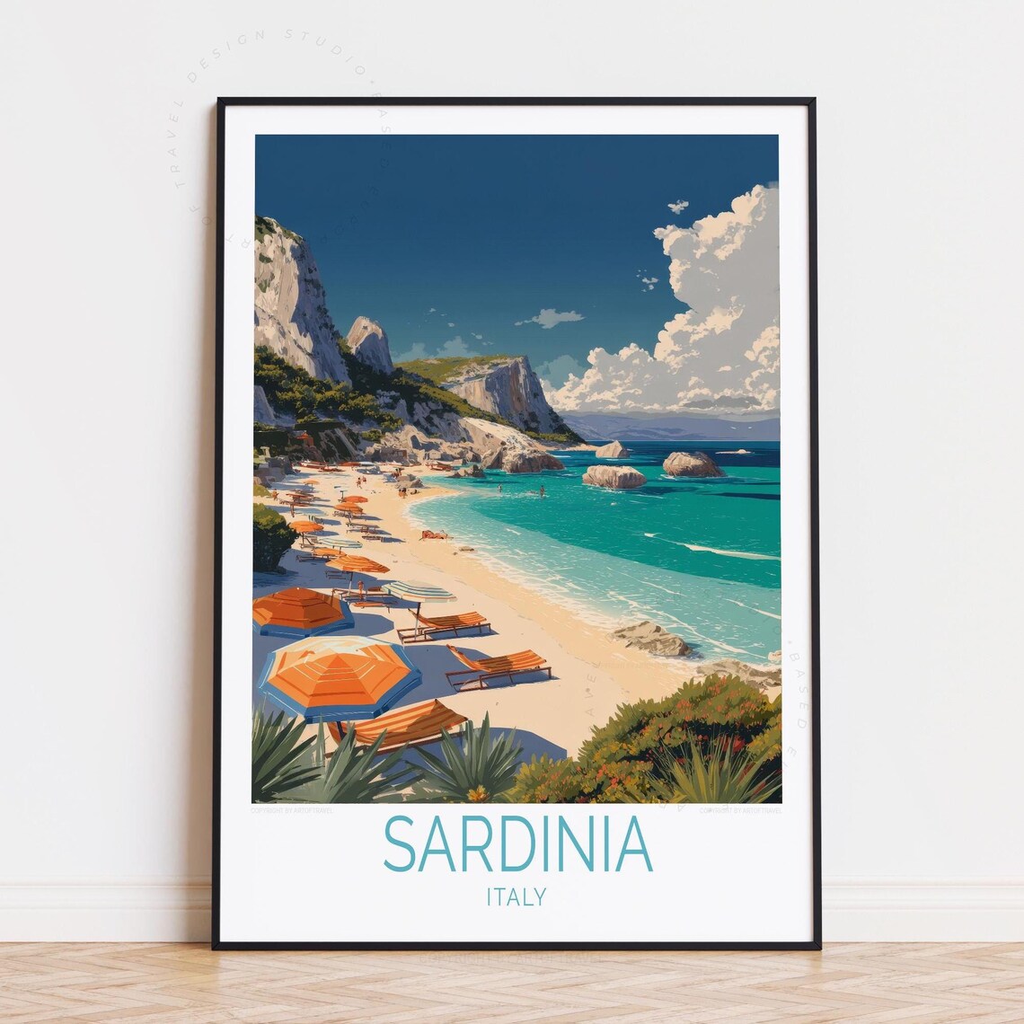 Sardinia Italy Beach Umbrellas Turquoise Coast Vintage Travel Poster