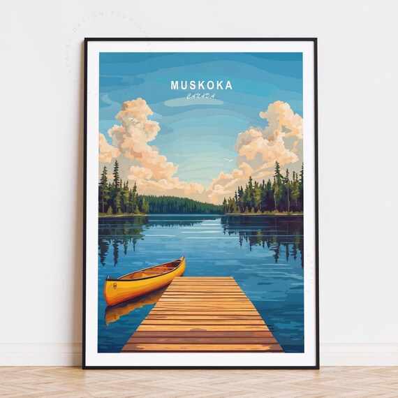 Muskoka Canada Yellow Canoe Dock Blue Lake Summer Escape Poster