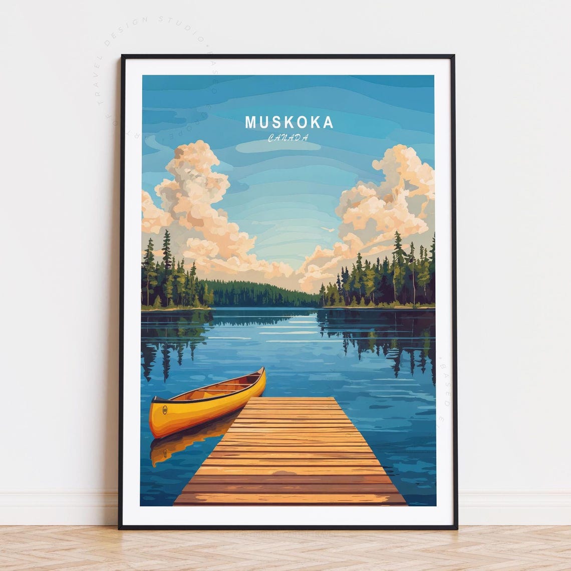 Muskoka Canada Yellow Canoe Dock Blue Lake Summer Escape Poster