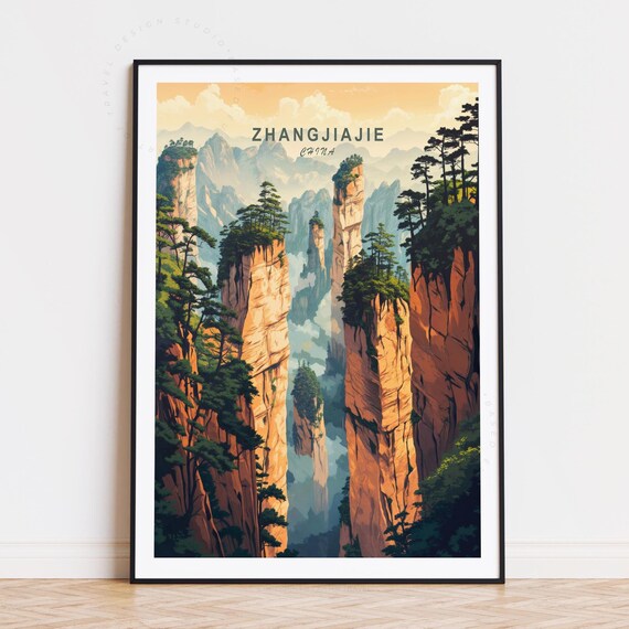 Zhangjiajie China Stone Pillars with Pine Tops Vintage Travel Poster
