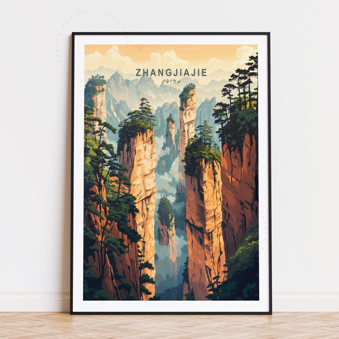 Zhangjiajie China Stone Pillars with Pine Tops Vintage Travel Poster