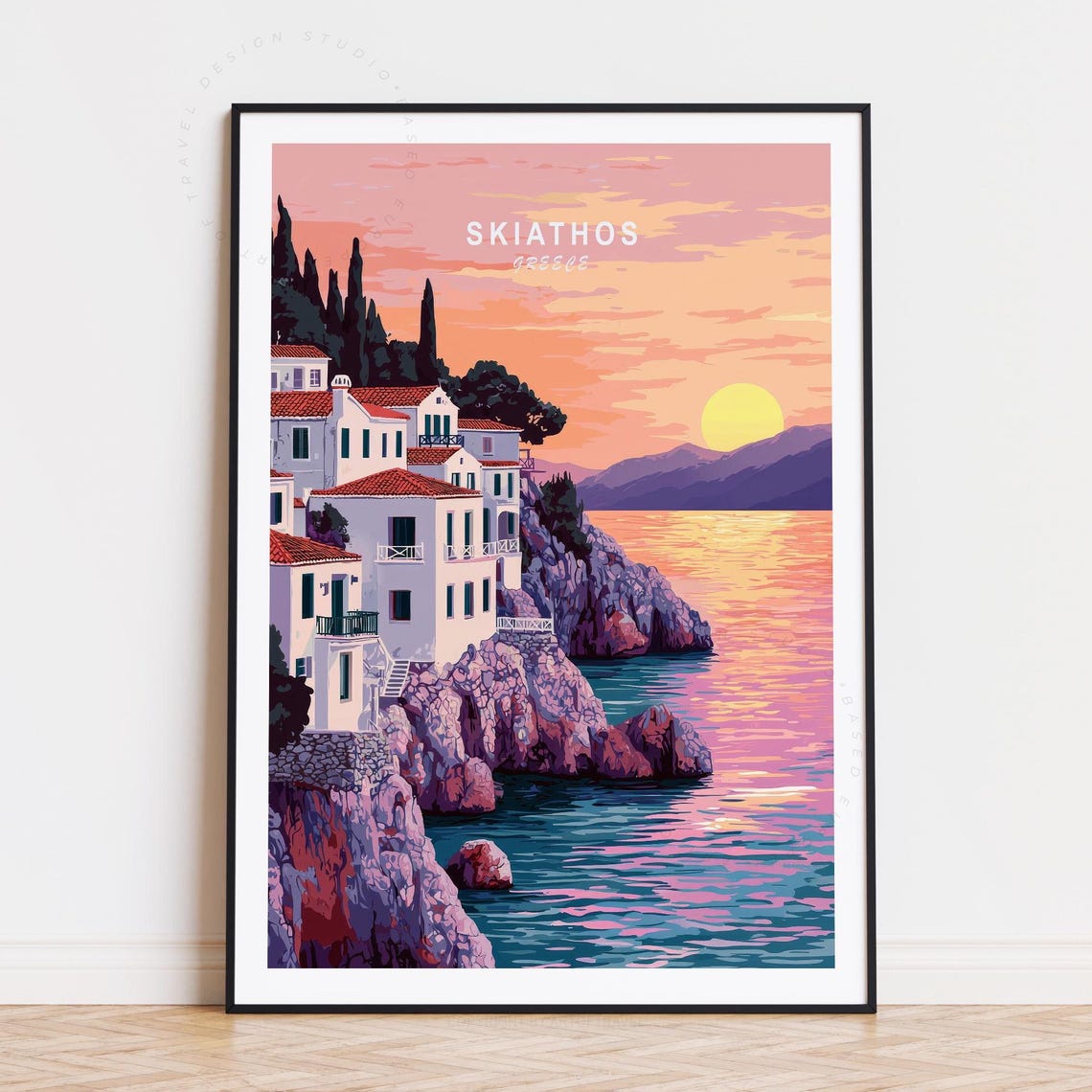 Skiathos Greece Sunset Rocky Shore Seaside Village View Poster