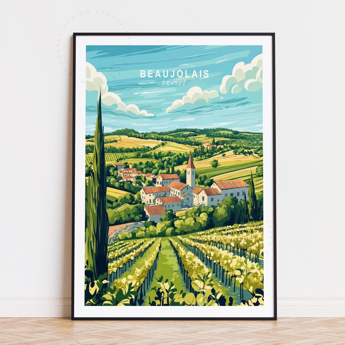 Beaujolais France Sunny Wine Village Hills Retro Style Poster