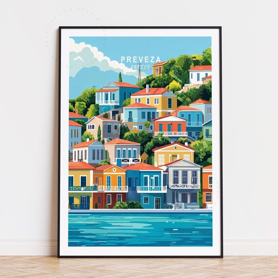 Preveza Greece White Houses Stone Path Seaside Travel Poster