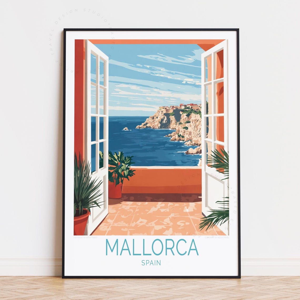 Mallorca Spain Balcony Doors View Rocky Coast Village Travel Poster