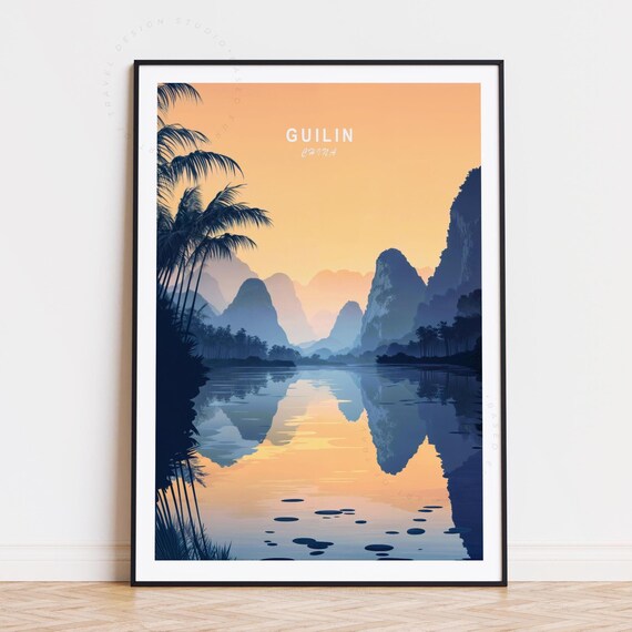 Guilin China Golden Karst Sunrise River Reflection Palm Poster