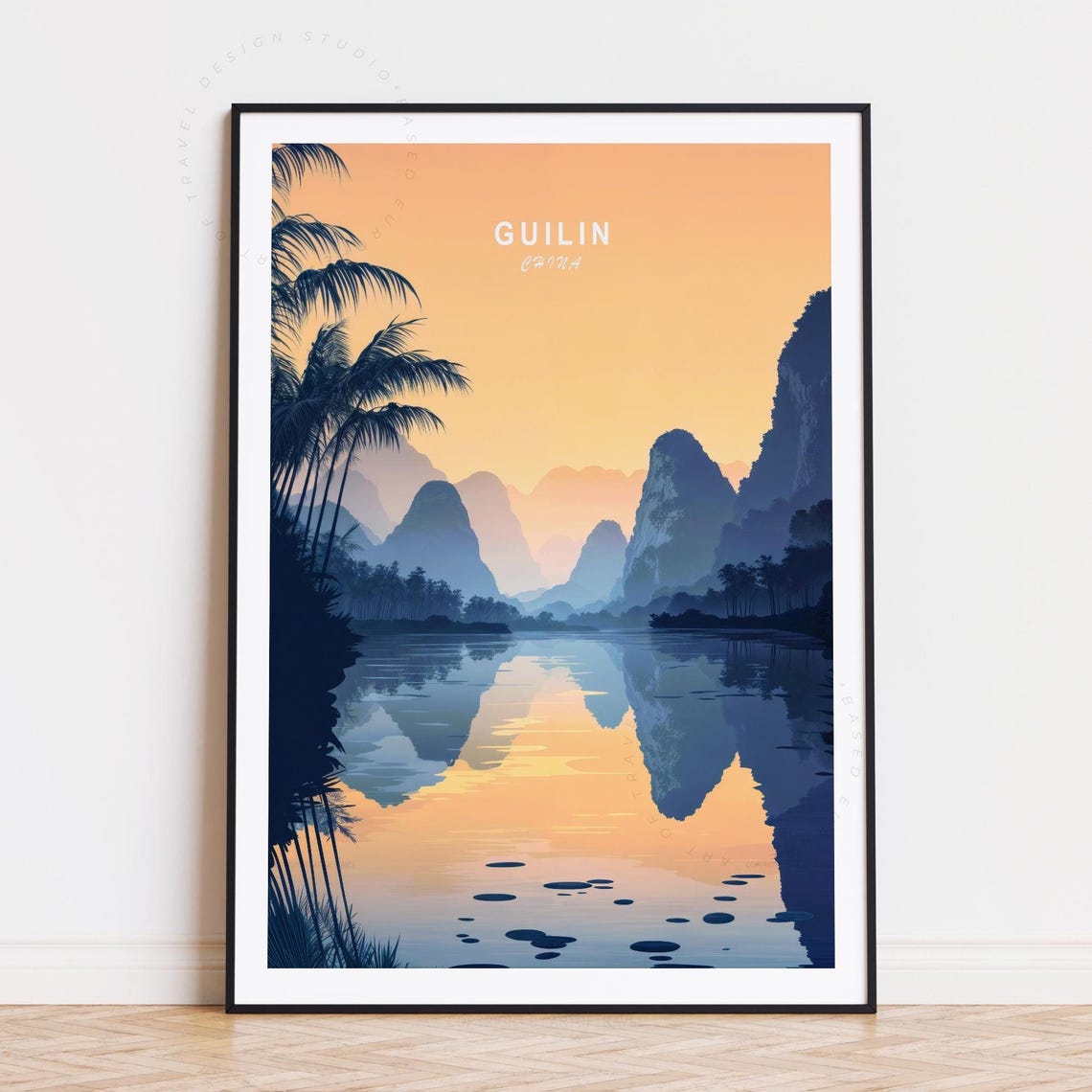 Guilin China Golden Karst Sunrise River Reflection Palm Poster