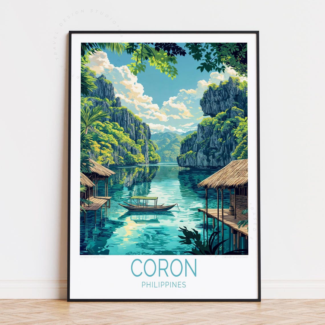 Coron Philippines Crystal Lagoon Stilt Huts Boat Travel Poster