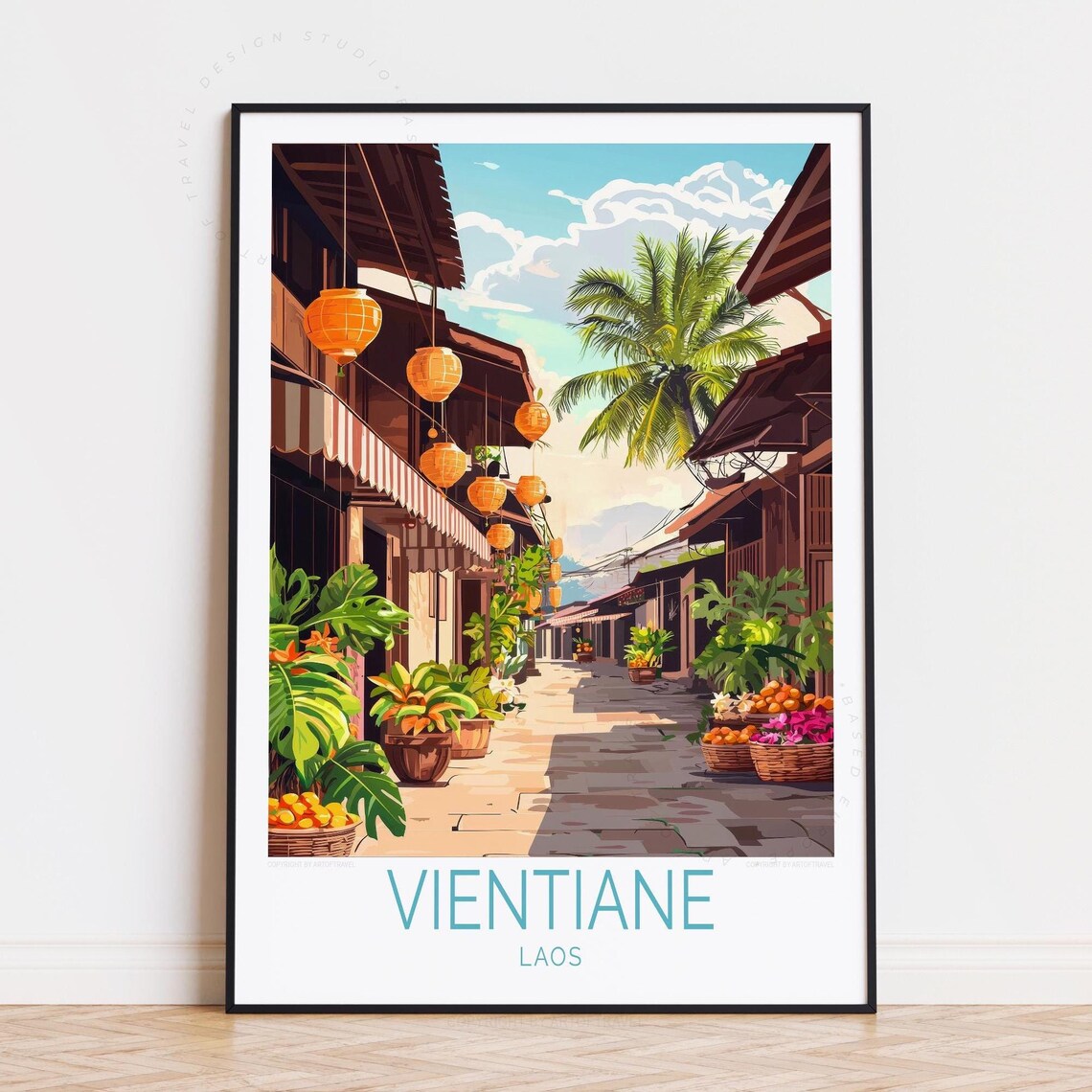 Vientiane Laos Lantern Lit Old Street Market Scene Travel Poster