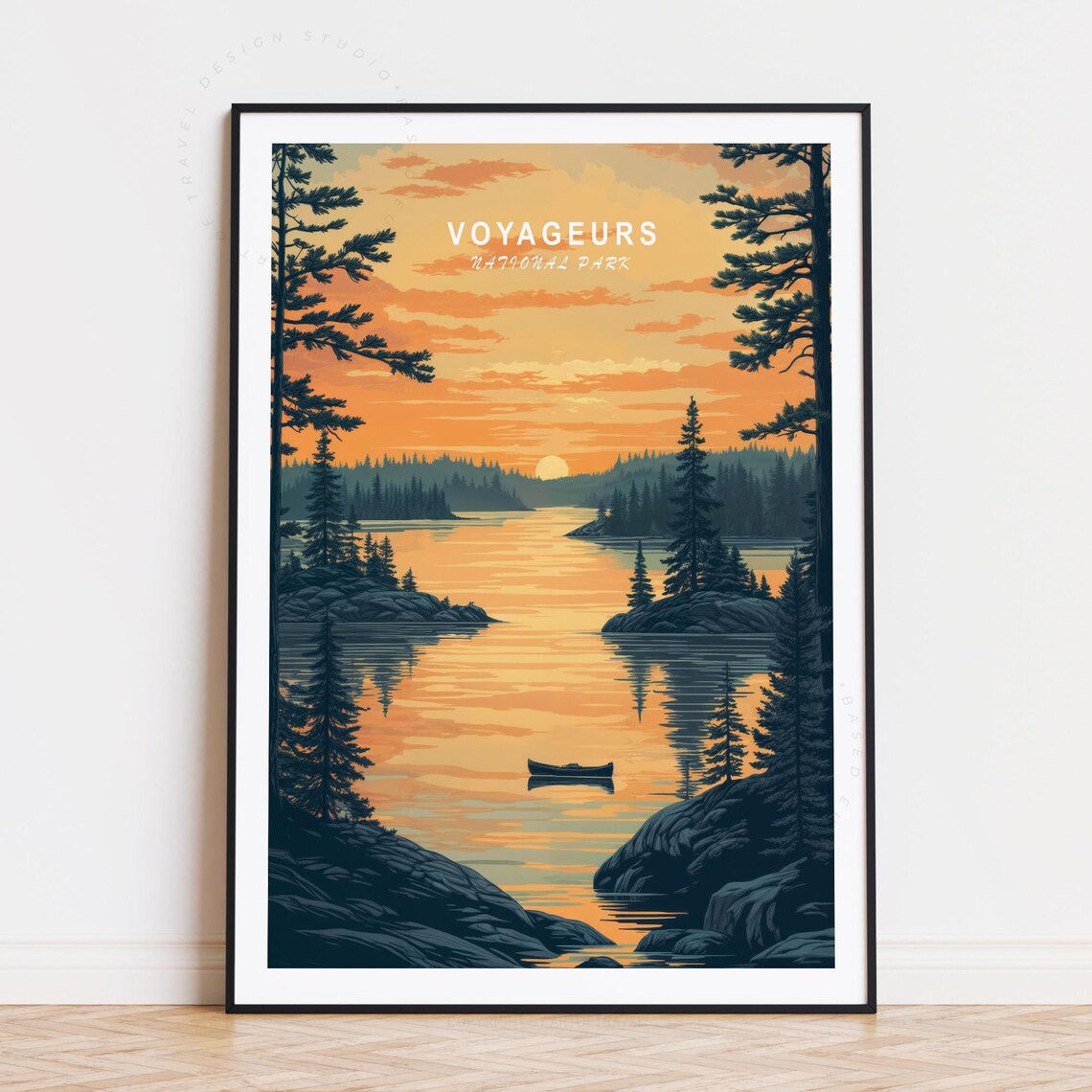 Voyageurs National Park Orange Sunset Canoe Lake Travel Poster