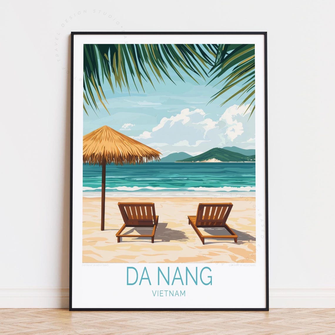 Da Nang Vietnam Palm Framed Beach Loungers Seaside Travel Poster