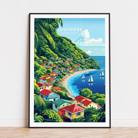 Soufriere Saint Lucia Colorful Seaside Town Sailboats Travel Poster