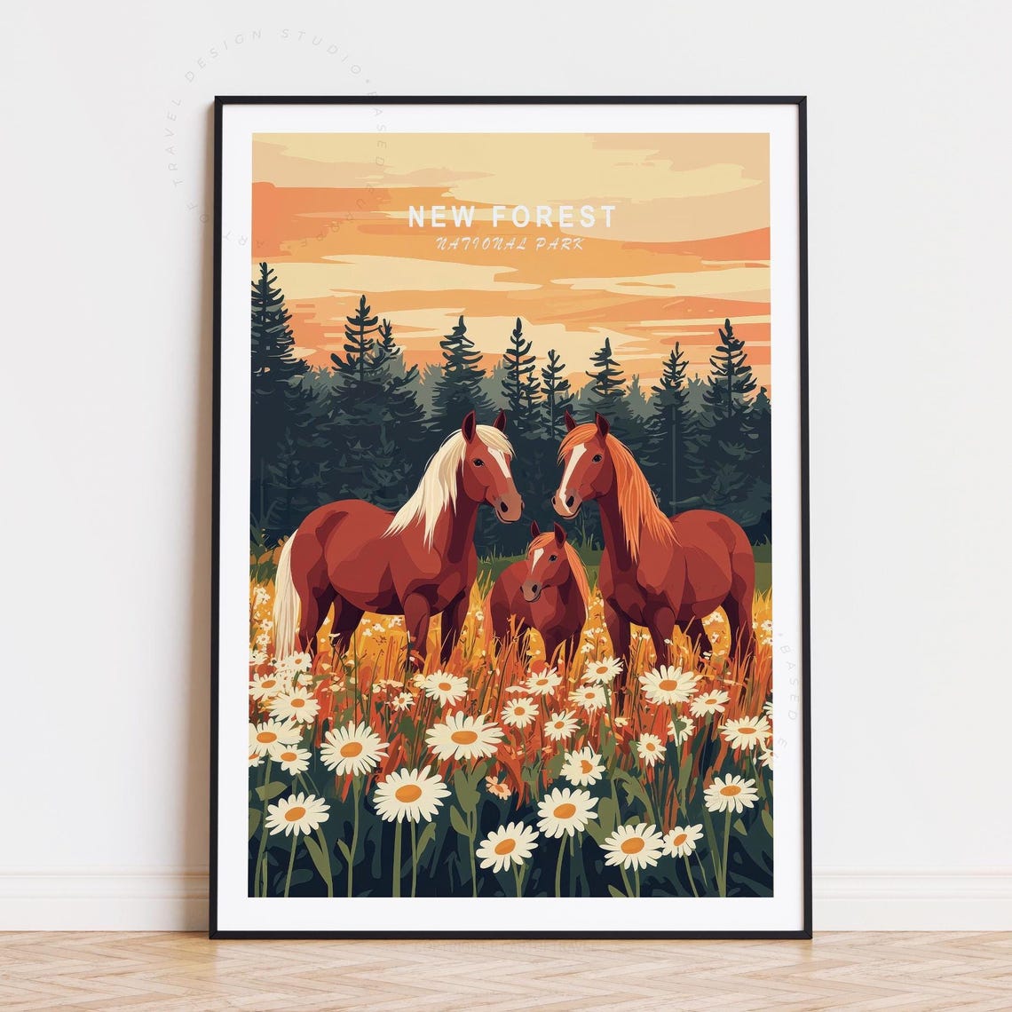 New Forest National Park Chestnut Horses Wildflower Meadow Poster