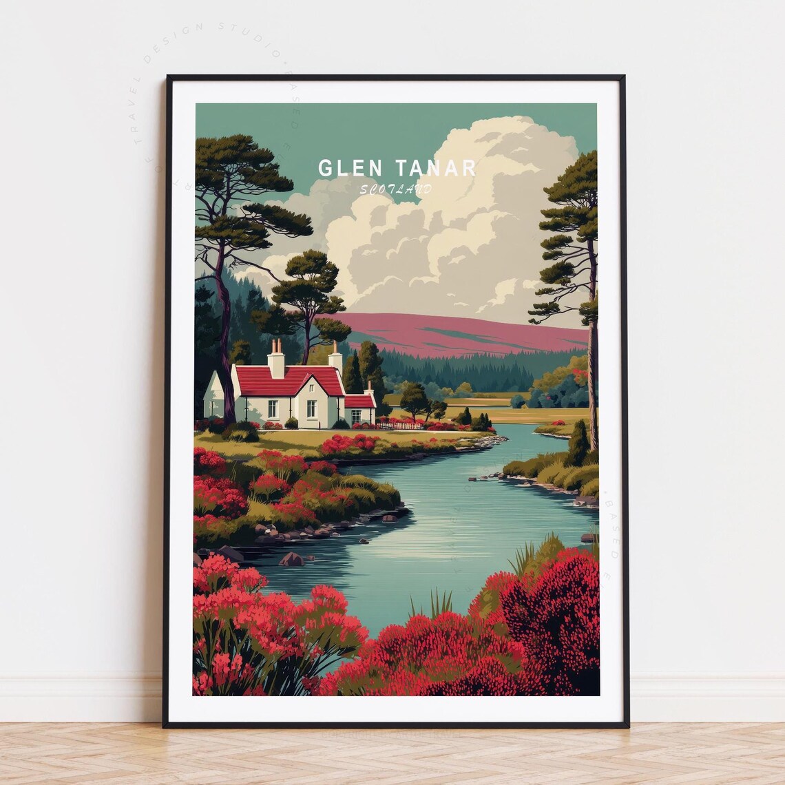 Glen Tanar Scotland Riverside Cottage Heather Vintage Travel Poster