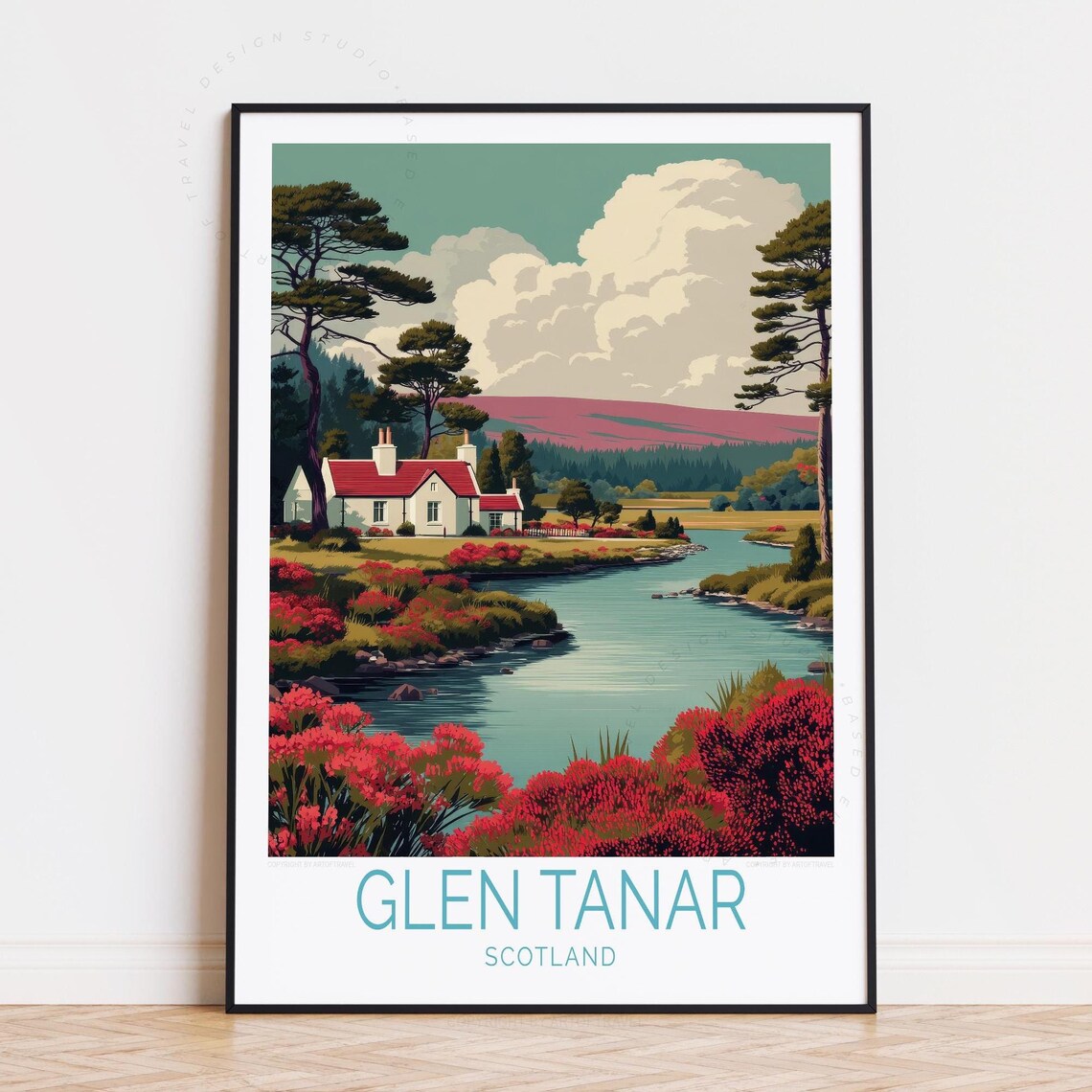 Glen Tanar Scotland Riverside Cottage Heather Vintage Travel Poster