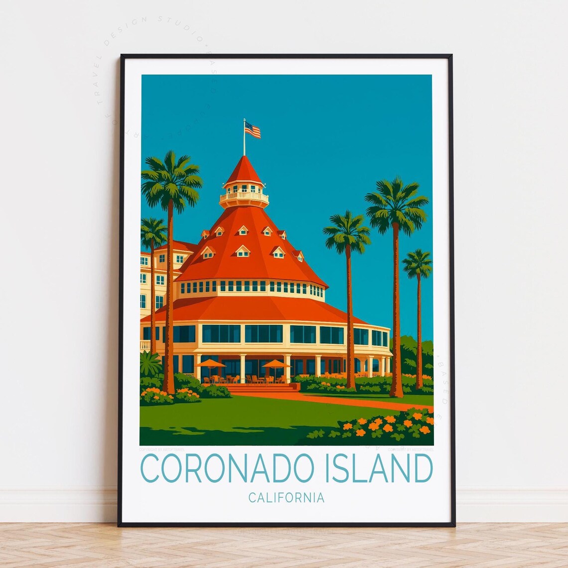 Coronado Island California Red Roof Hotel Retro Travel Poster