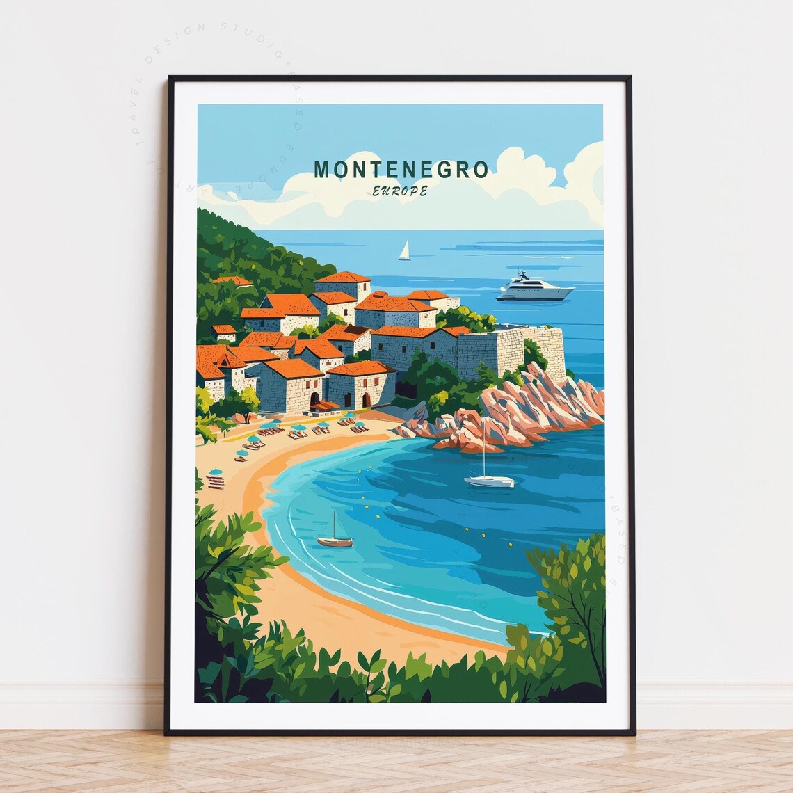 Montenegro Europe Adriatic Bay Sailboat Village Beach Travel Poster