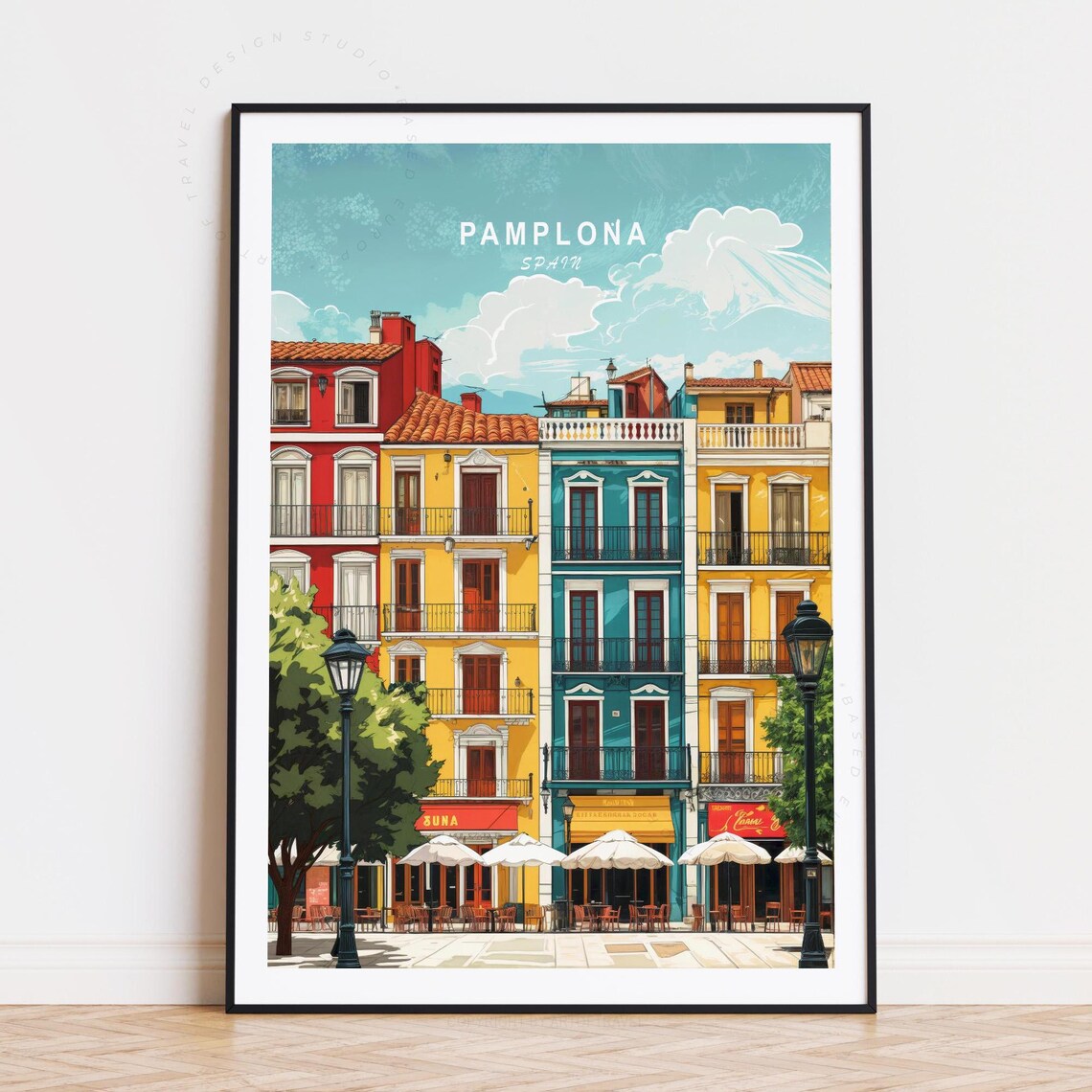 Pamplona Spain Colorful Old Town Cafe Plaza Streets Travel Poster