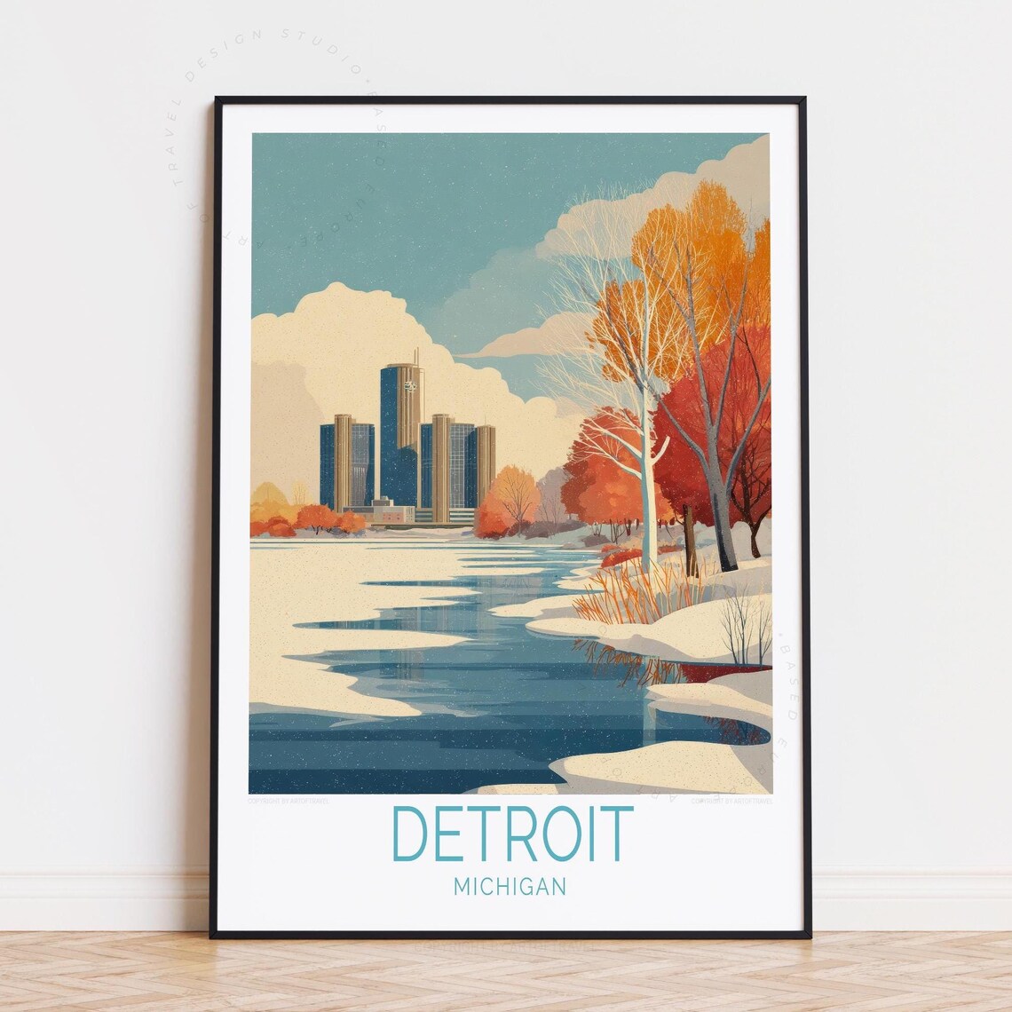 Detroit Michigan Downtown Skyline In Winter Snow Scene Poster