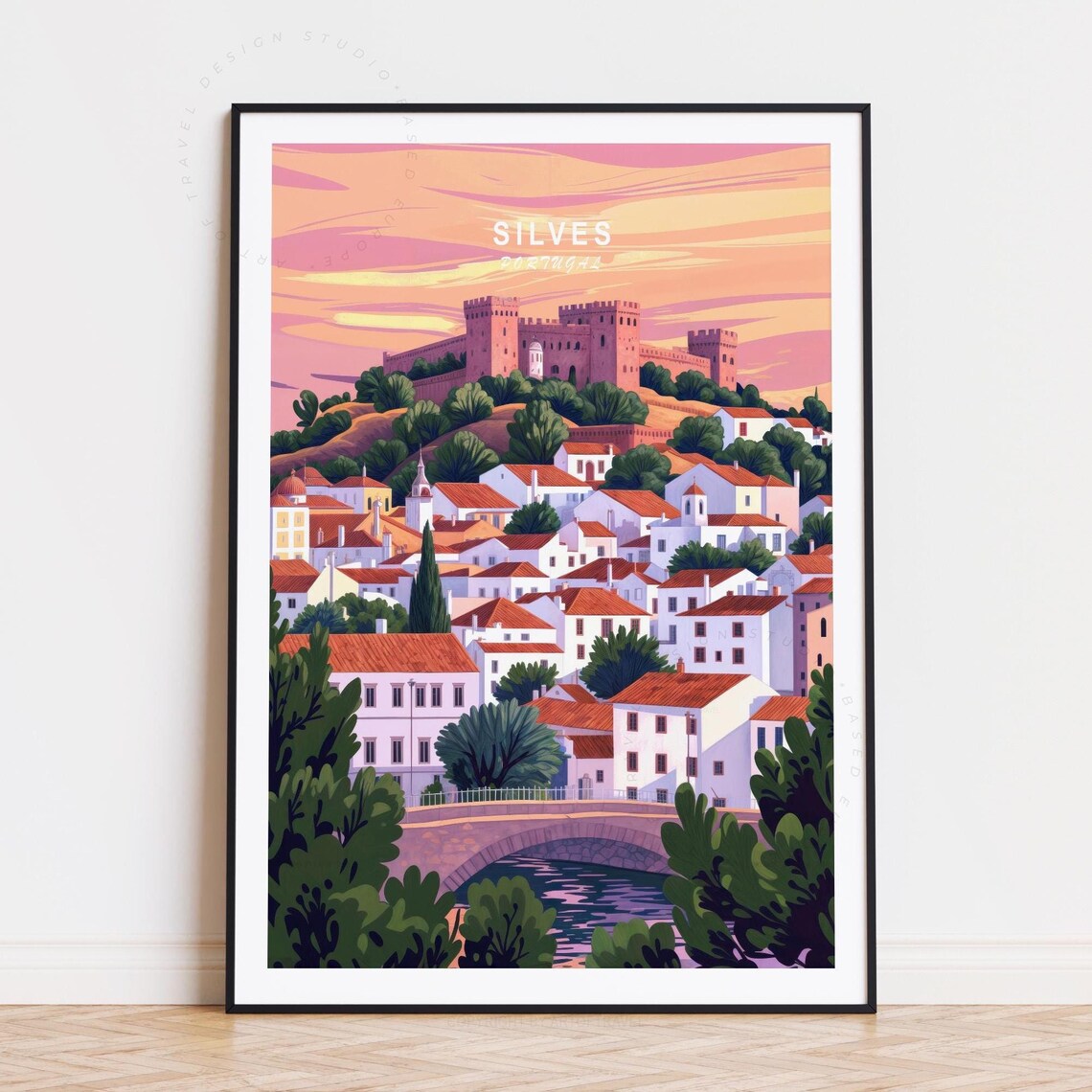 Silves Portugal Castle Town Pink Sunset Riverside Landscape Poster