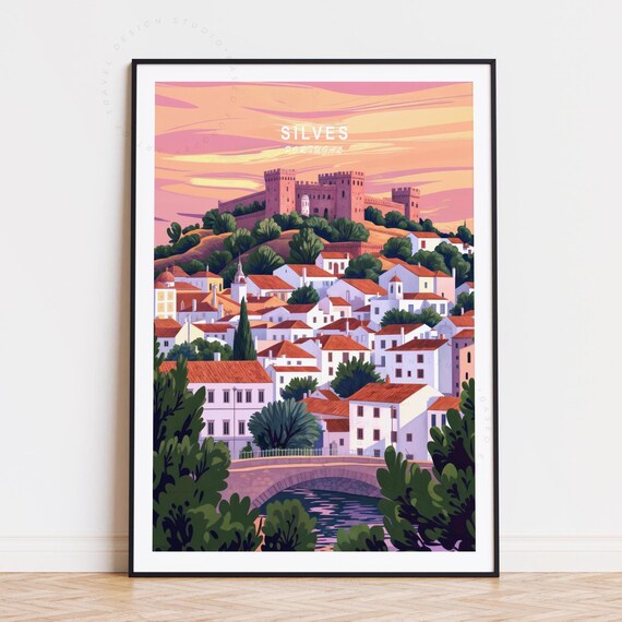 Silves Portugal Castle Town Pink Sunset Riverside Landscape Poster