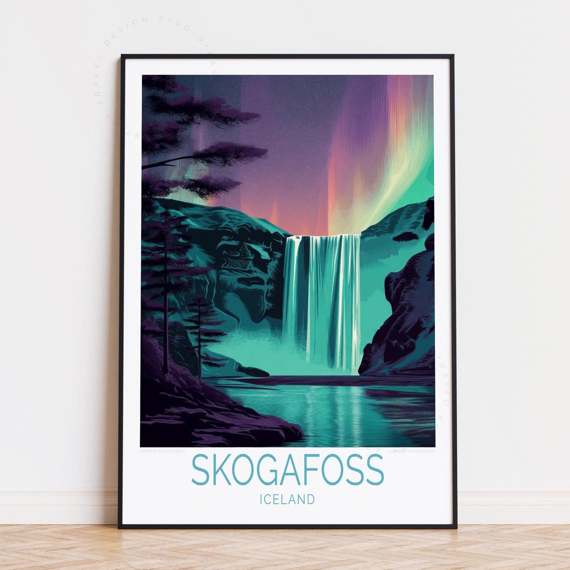 Skogafoss Iceland Waterfall Colorful Aurora Night Art Poster