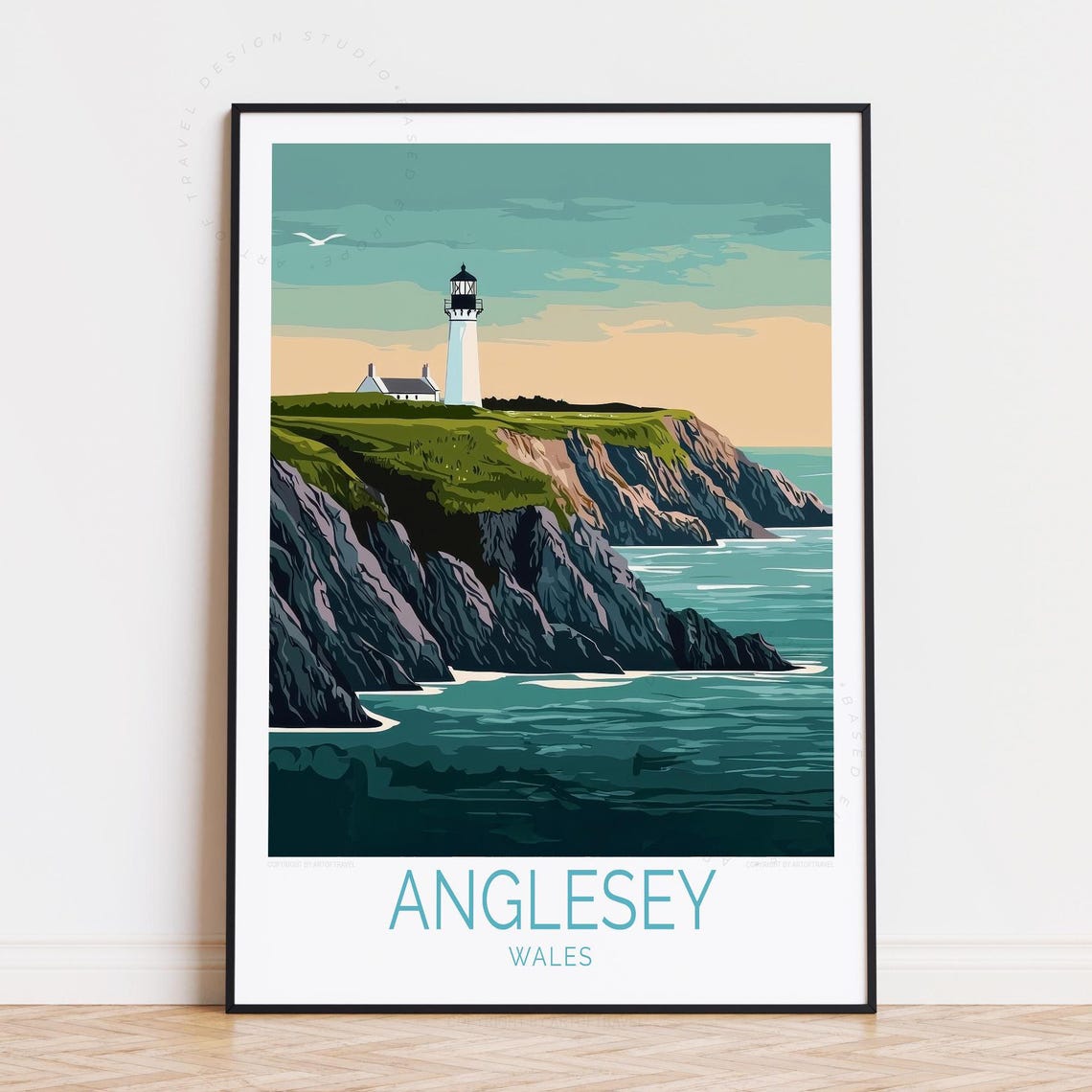 Anglesey Wales Lighthouse Green Cliffs Seagull Ocean View Poster