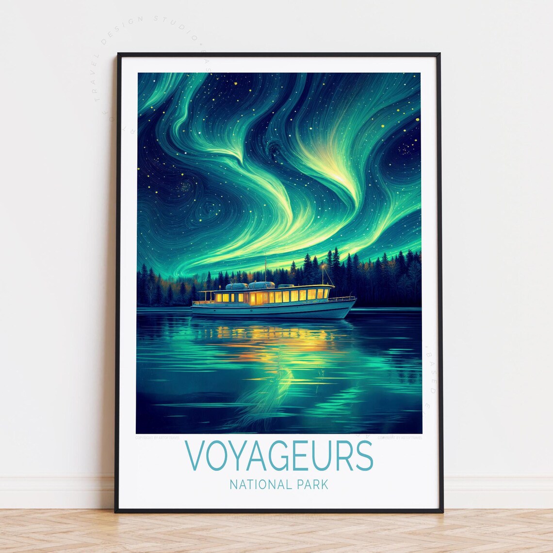 Voyageurs National Park Northern Lights Houseboat Night Travel Poster