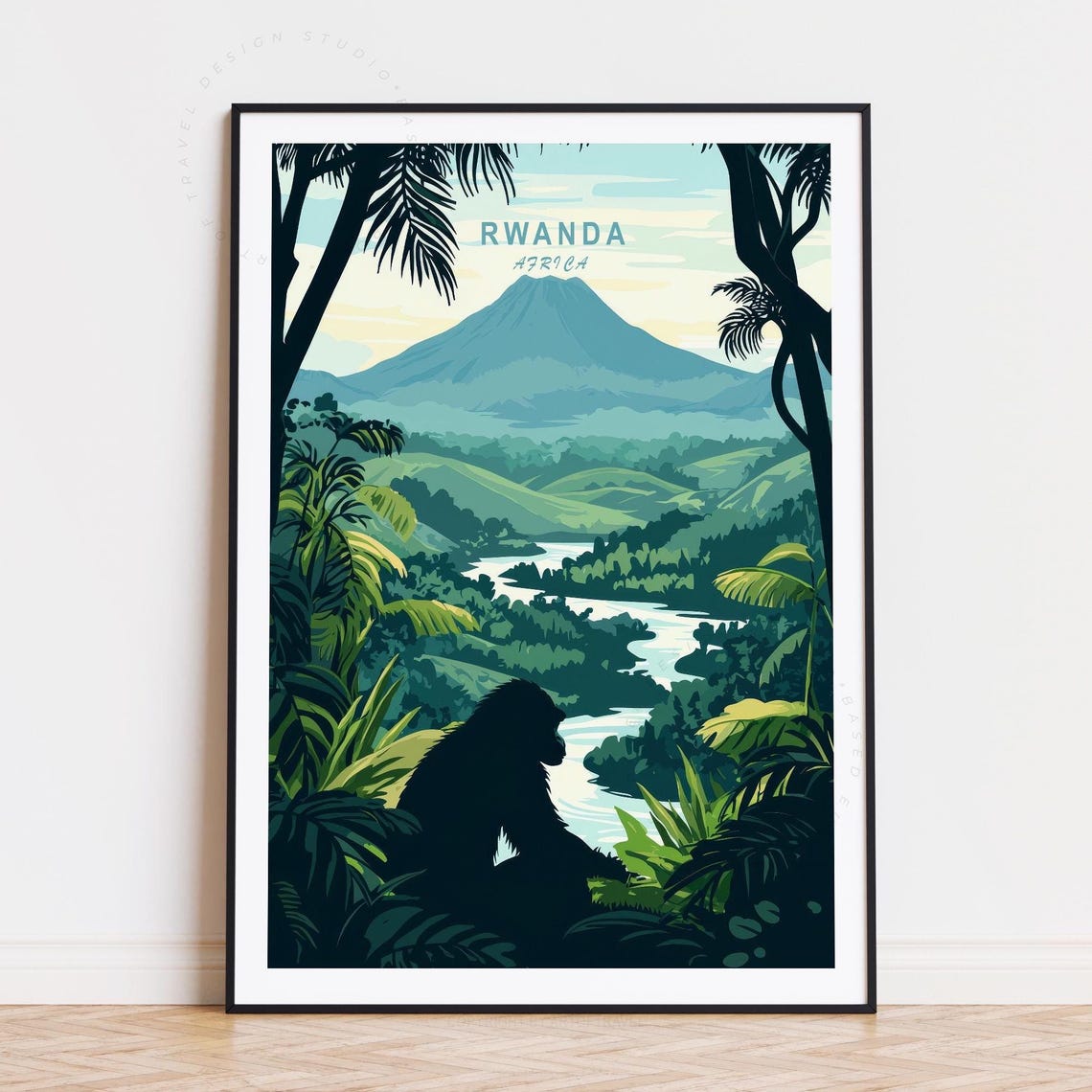 Rwanda Africa Mountain Gorilla Jungle Valley View Retro Poster