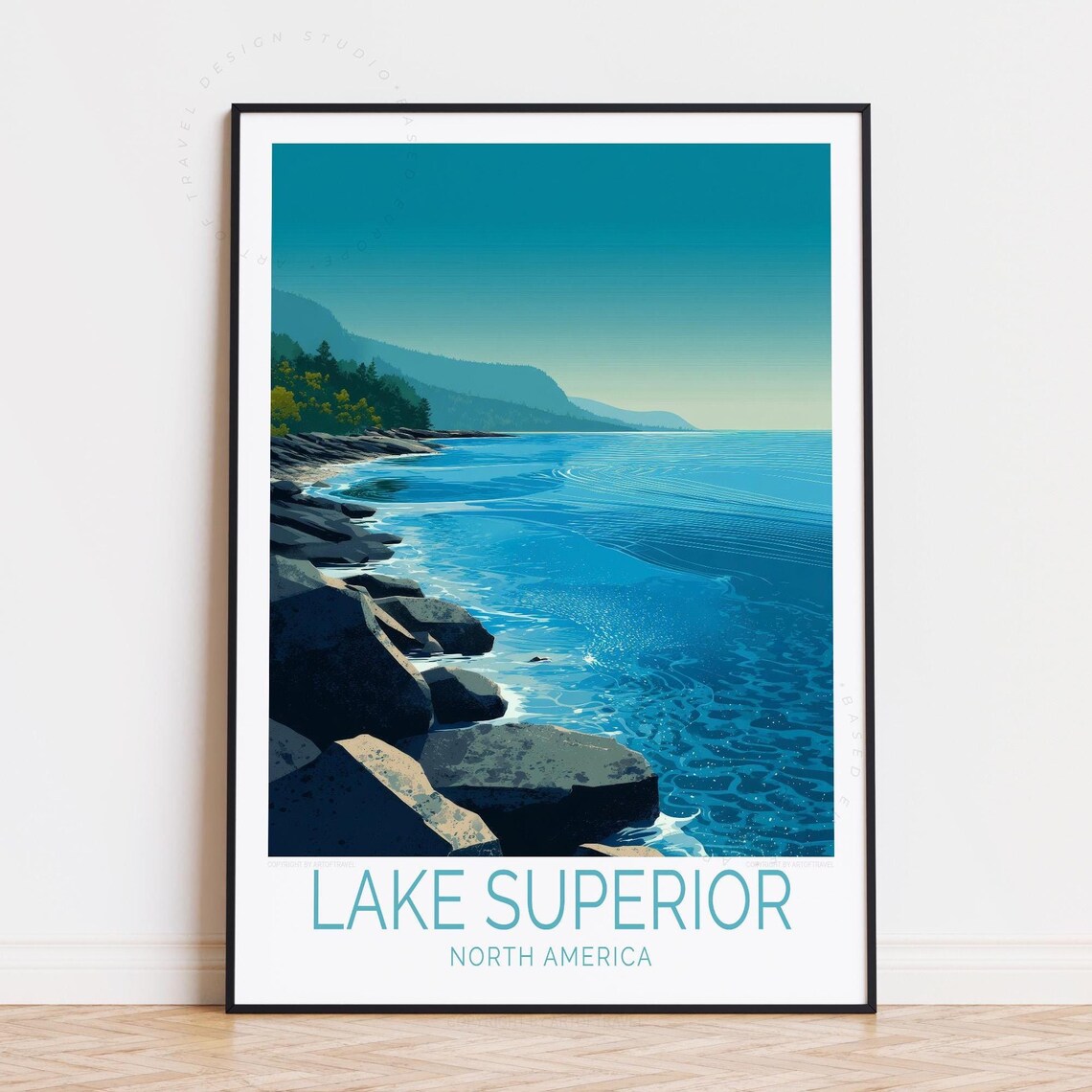 Lake Superior North America Rocky Shoreline Blue Water Travel Poster