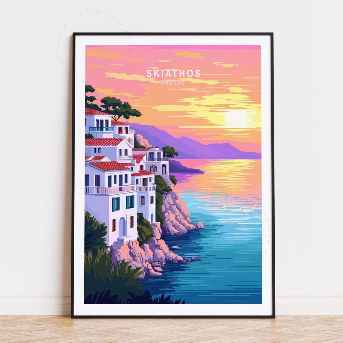 Skiathos Greece Aegean Sunset Cliffside Village Travel Poster
