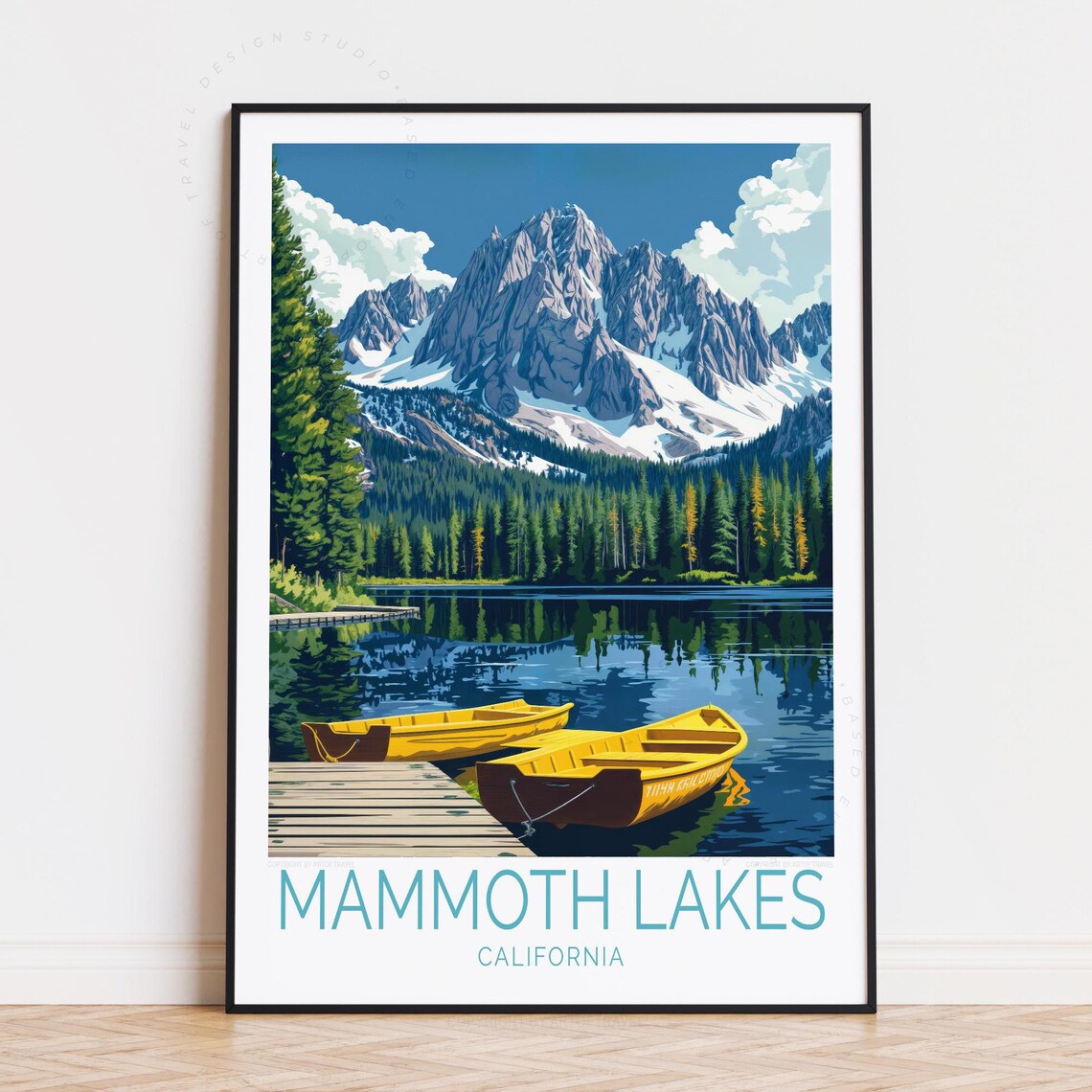 Mammoth Lakes California Yellow Canoes Alpine Lake Retro Travel Poster