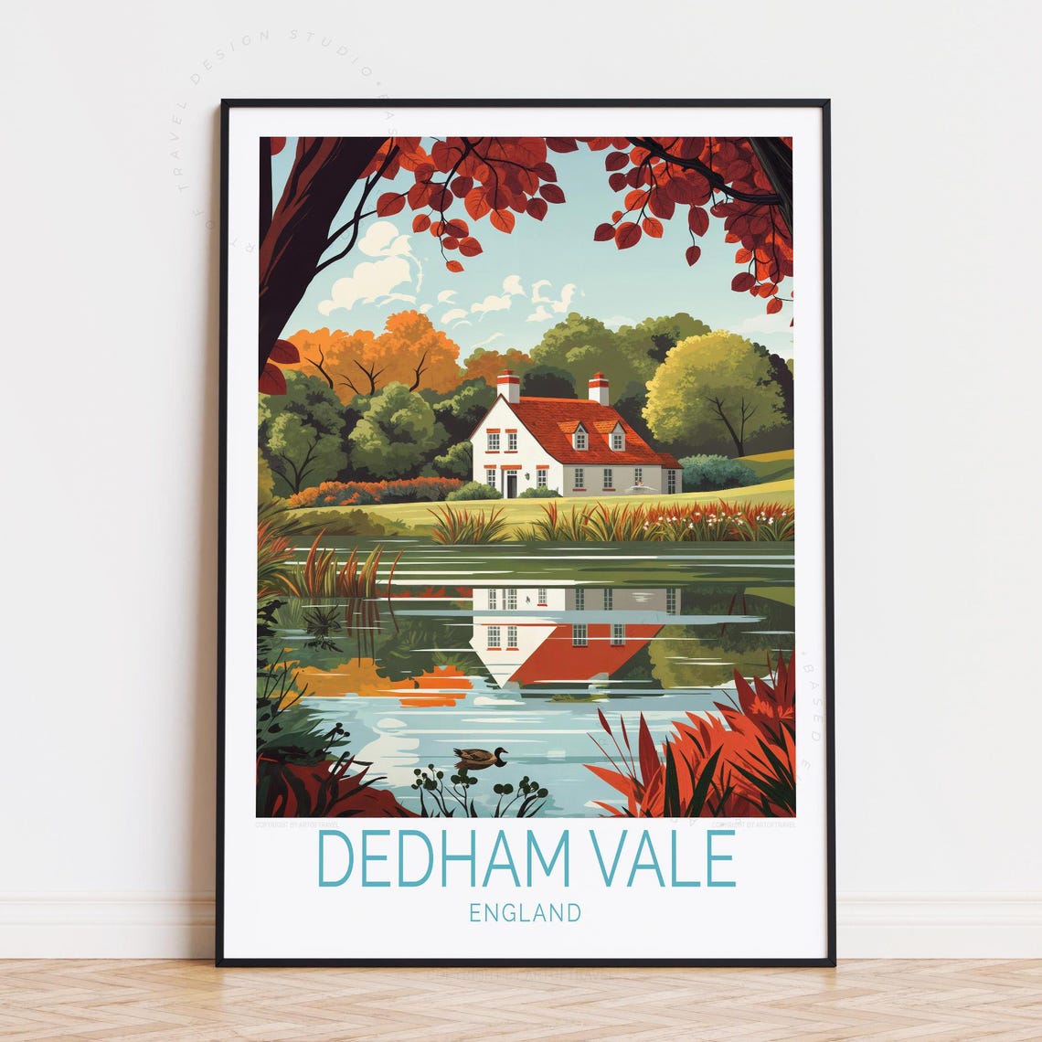 Dedham Vale England Autumn Cottage Lake Reflection Duck Travel Poster