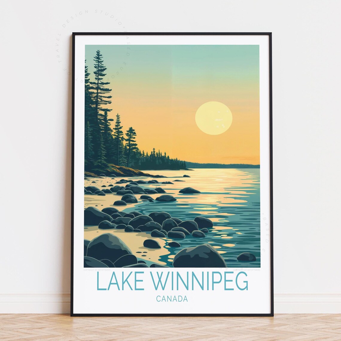 Lake Winnipeg Canada Rocky Shoreline Sunset Pines Travel Poster