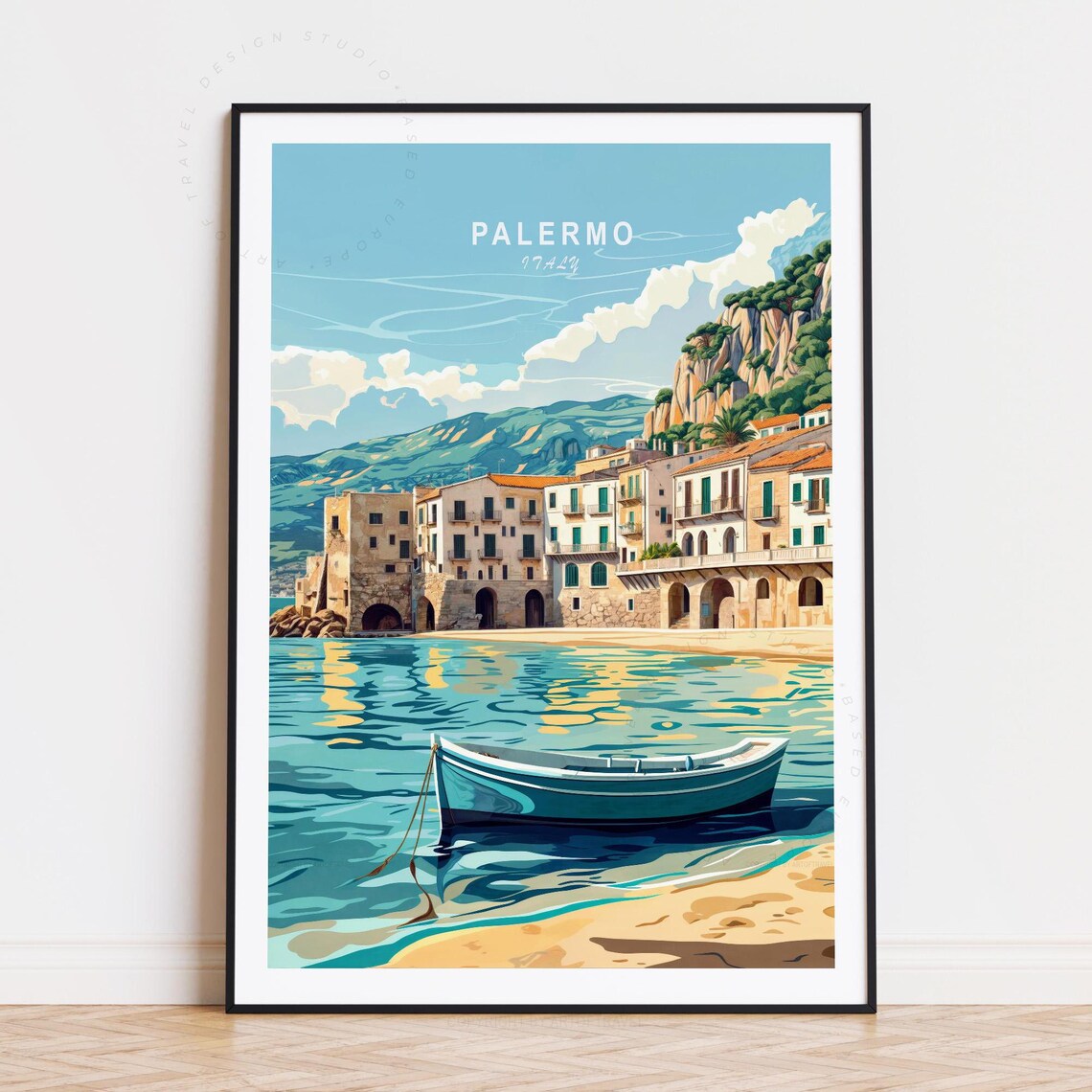 Palermo Italy Sicilian Coast Turquoise Water Fishing Boat Art Poster