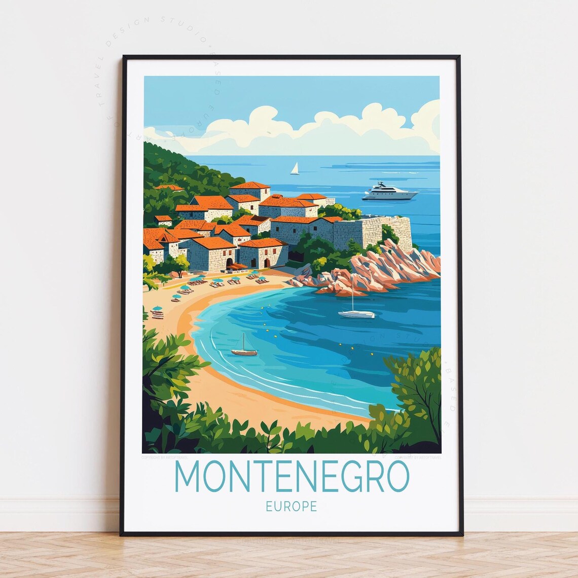 Montenegro Europe Adriatic Village Sandy Bay Sailboat Travel Poster
