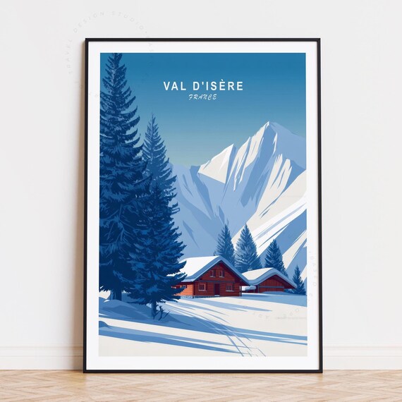 Val dIsere France Travel Poster Snowy Alpine Chalet Mountain Art