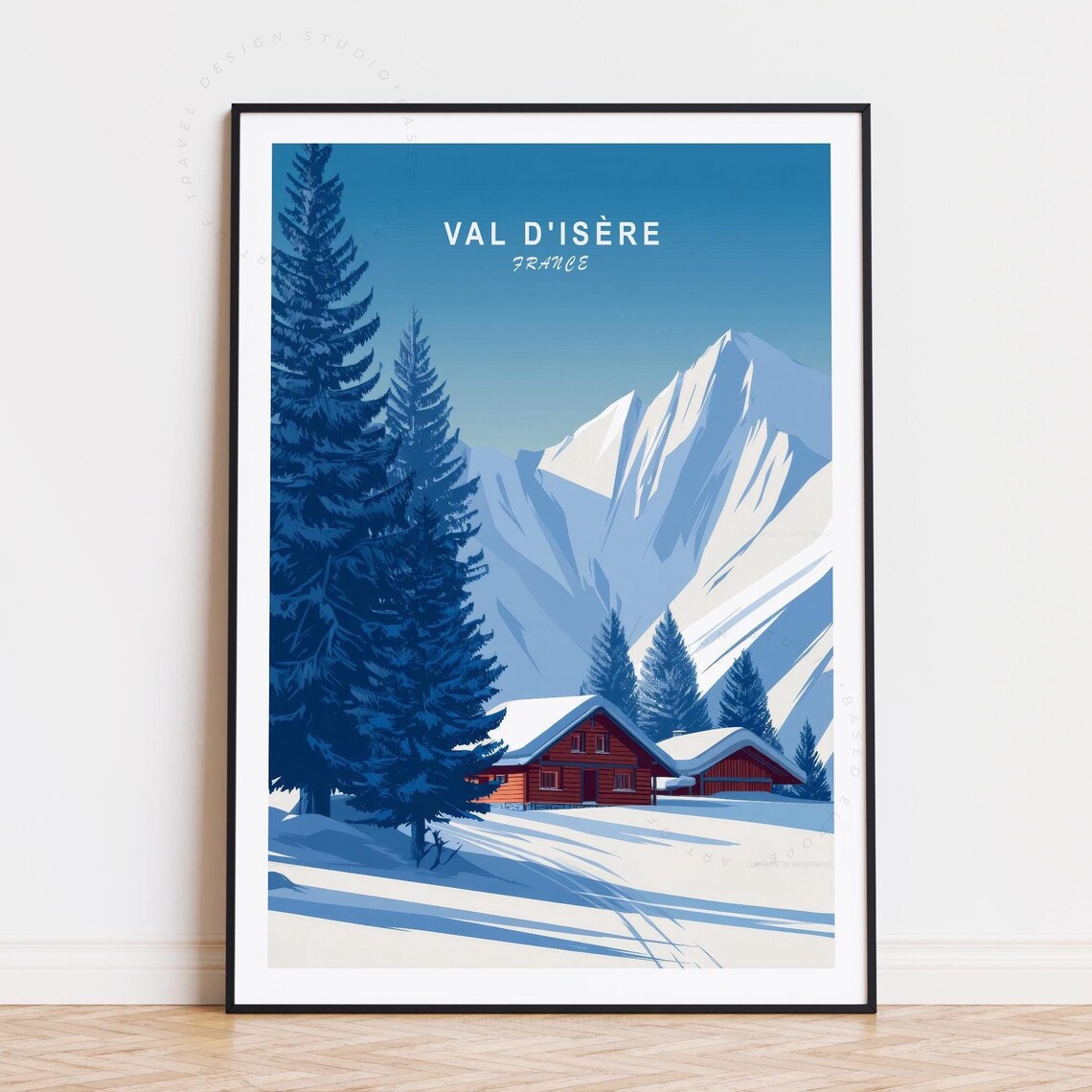 Val dIsere France Travel Poster Snowy Alpine Chalet Mountain Art