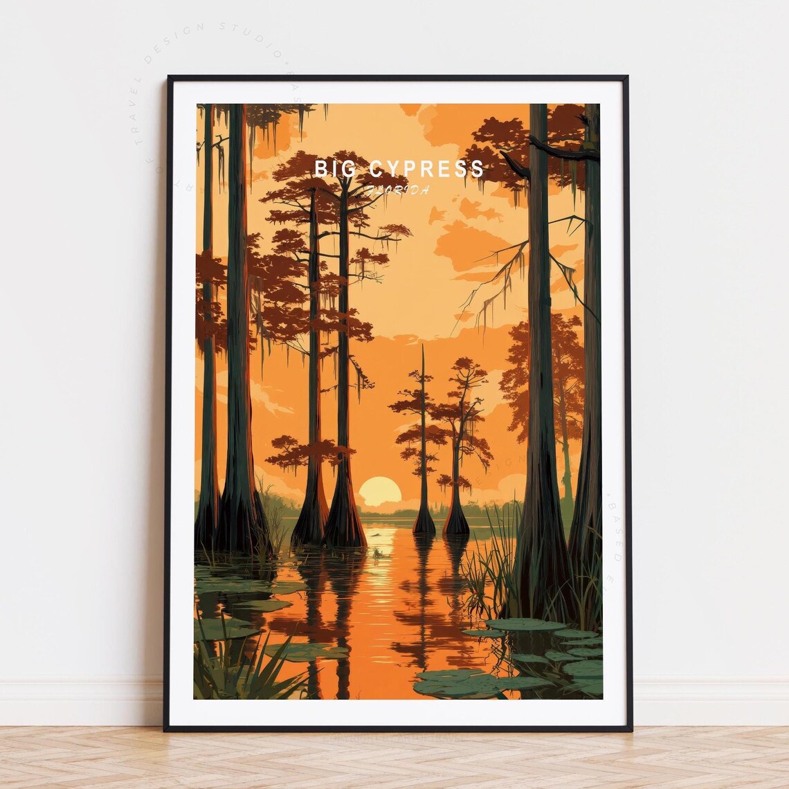 Big Cypress Florida Sunset Marsh Spanish Moss Vintage Travel Poster