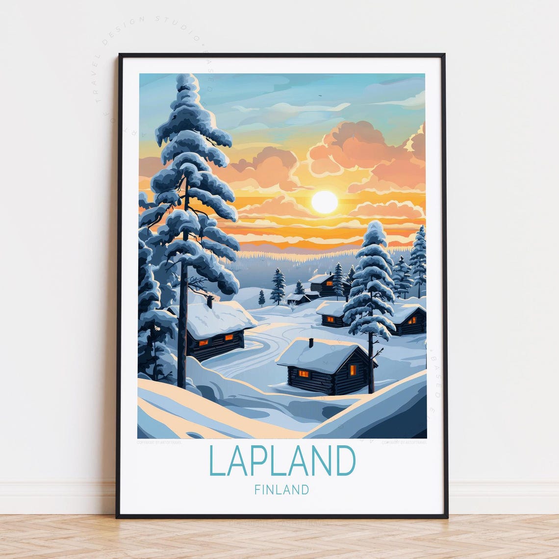 Lapland Finland Snow Cabin Village Sunset Arctic Winter Travel Poster